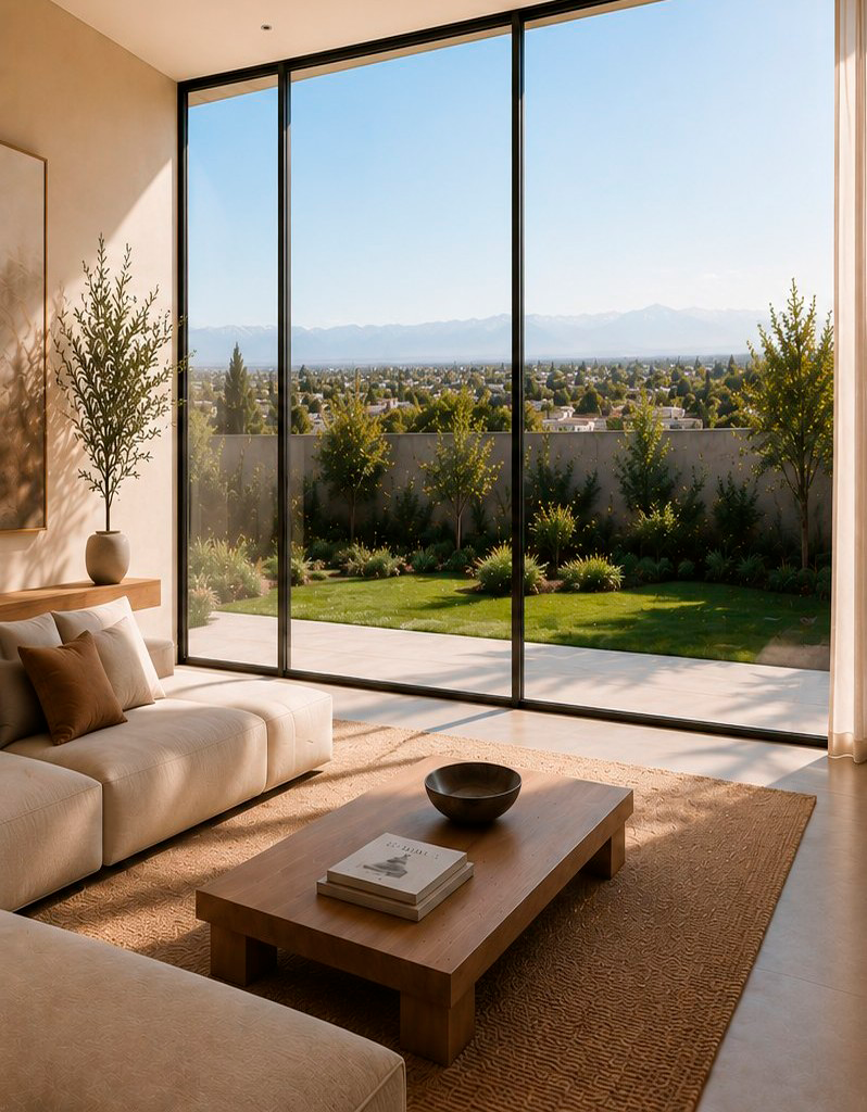 Estar minimalista con ventanal DVH, jardín y montaña mendocina lejana